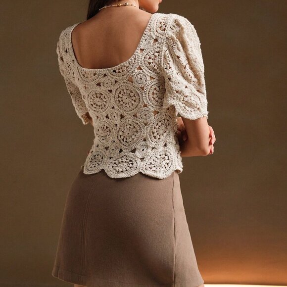 Apricot Elegant Women's Square Neck Floral Hollow Crochet Puff Sleeve T-Shirt - Picture 3 of 7